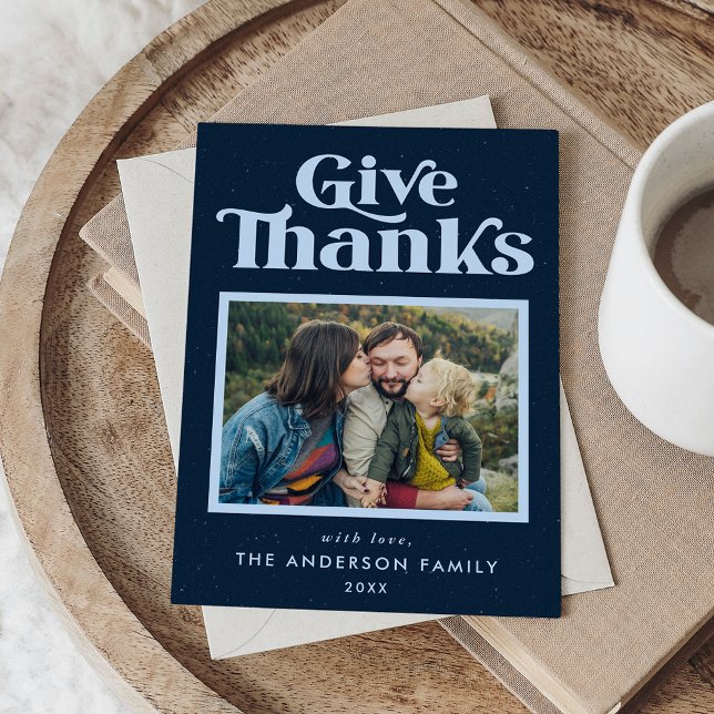 Give Thanks Navy Retro Thanksgiving Photo Holiday Card (Creator Uploaded)