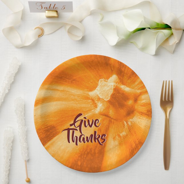 Give Thanks Orange Pumpkin Thanksgiving Holiday Paper Plate (Wedding)