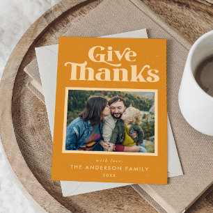 Give Thanks Orange Retro Thanksgiving Photo Holiday Card