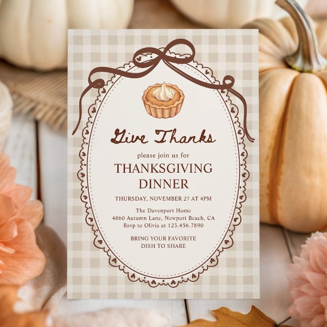 Give Thanks Pie Gingham Autumn Thanksgiving Dinner Invitation (Creator Uploaded)