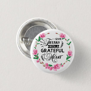 Give Thanks Pink Floral Wreath 3 Cm Round Badge