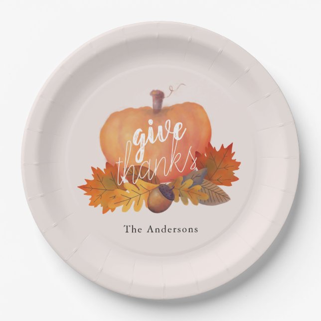 Give Thanks Pumpkin Autumn Leaves Blush Pink Paper Plate (Front)
