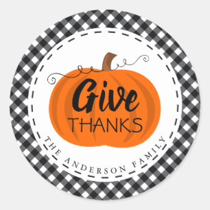 Give Thanks   Pumpkin Buffalo Plaid Thanksgiving  Classic Round Sticker