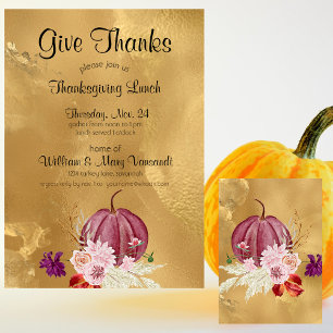 Give Thanks Pumpkin Floral Thanksgiving Lunch Invitation
