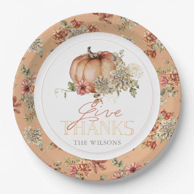 Give Thanks Pumpkin & White Dahlia Thanksgiving Paper Plate (Front)
