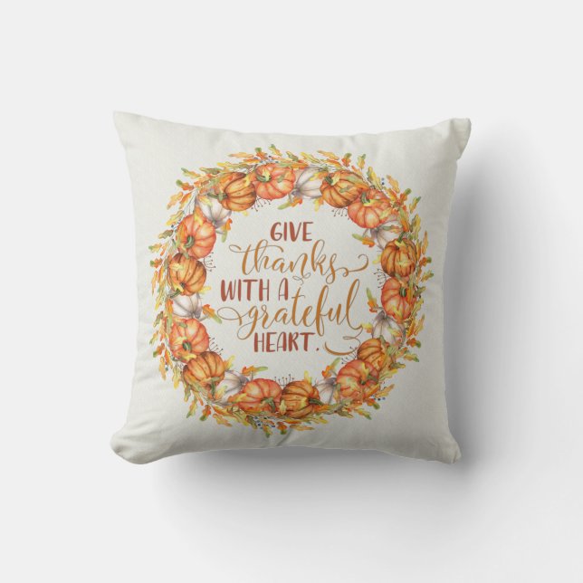 Give Thanks Pumpkin Wreath Cushion (Front)