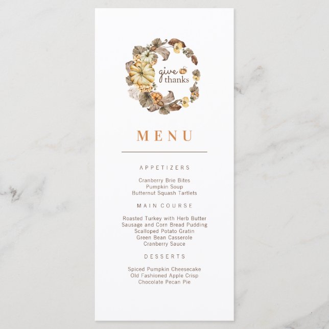 Give Thanks Pumpkin Wreath Thanksgiving Menu (Front)