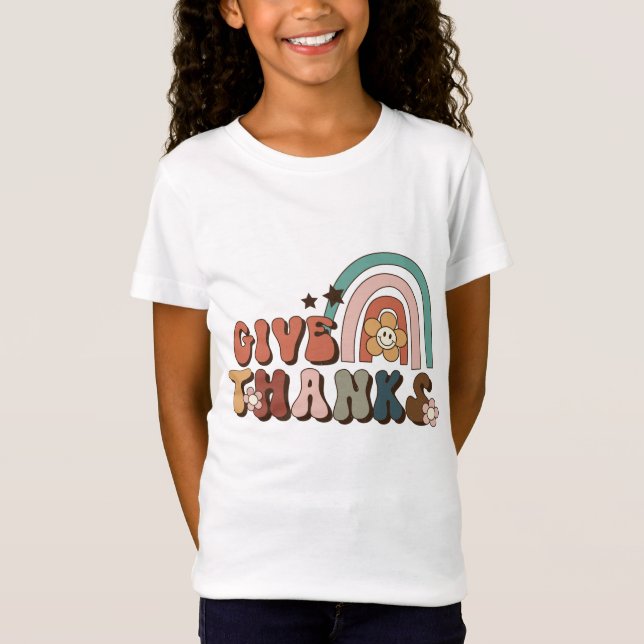 Give Thanks Retro Rainbow Thanksgiving T-Shirt (Front)