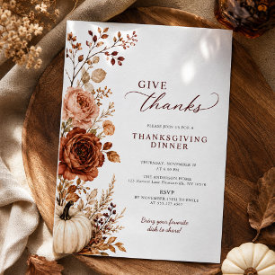 Give Thanks Romantic Floral Thanksgiving Dinner Invitation
