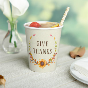 Give Thanks Rustic Boho Sunflower Thanksgiving Paper Cups