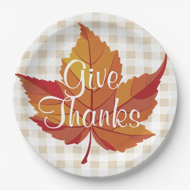 Give Thanks Rustic Fall Orange Leaf & Plaid Paper Plate (Front)