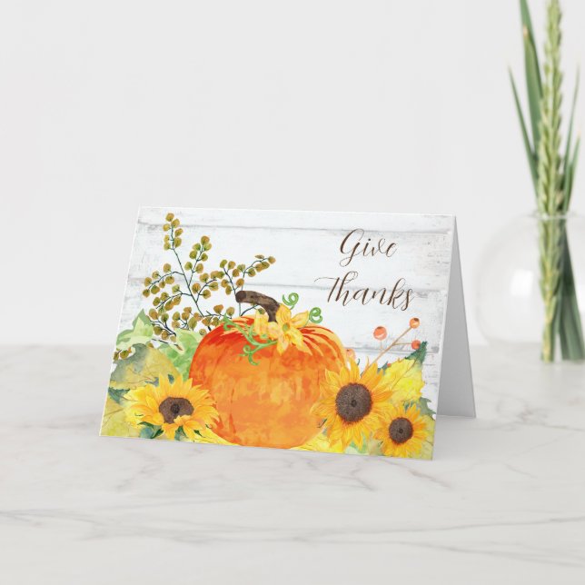 Give Thanks Rustic Pumpkin and Sunflowers Card (Front)