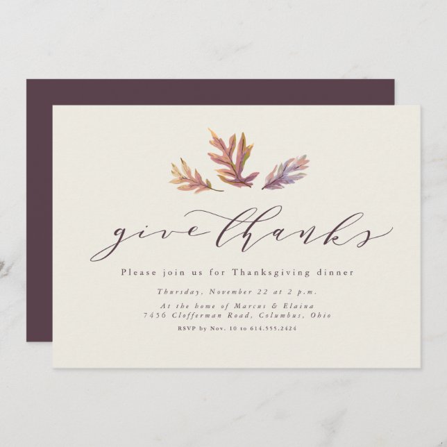 Give thanks simple elegant leaves Thanksgiving Invitation (Front/Back)
