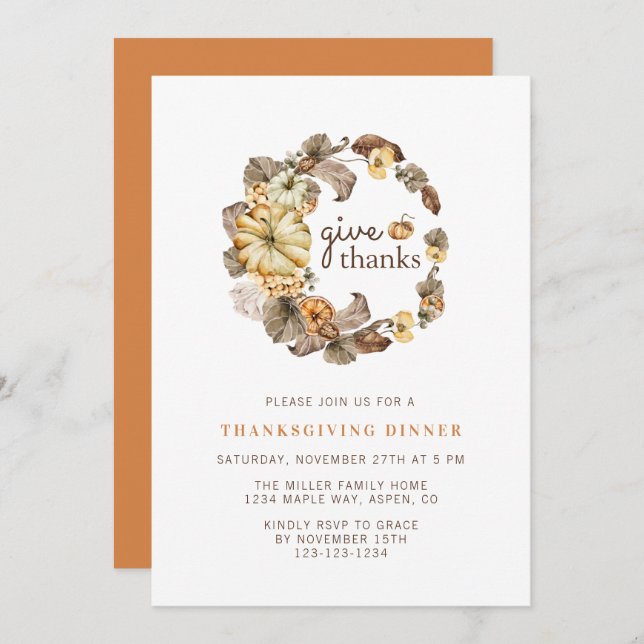Give Thanks Simple Watercolor Thanksgiving Dinner  Invitation (Front/Back)