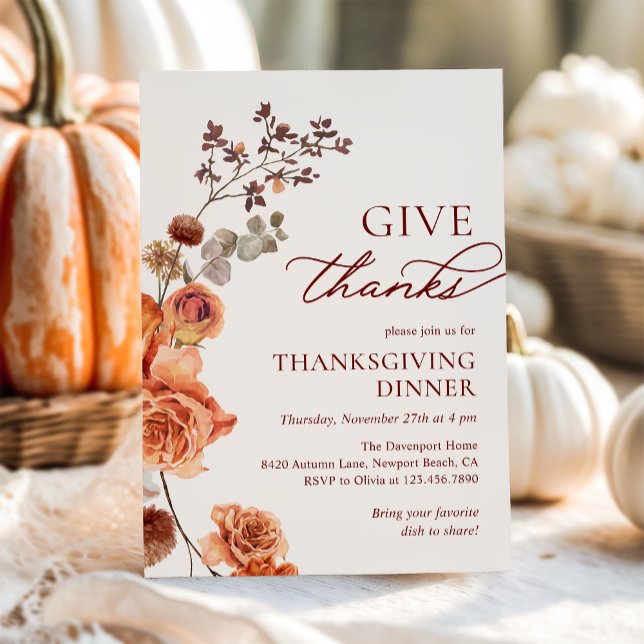 Give Thanks Terracotta Floral Thanksgiving Dinner Invitation (Creator Uploaded)