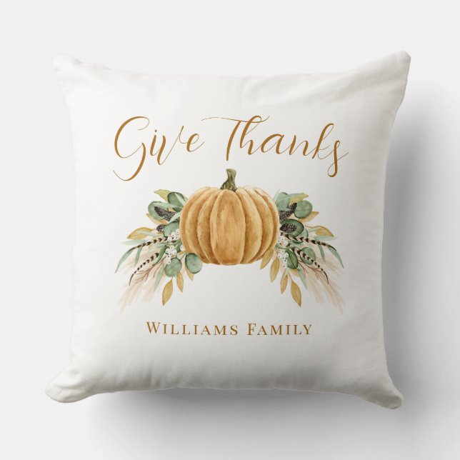 Give Thanks Thanksgiving Autumn Pumpkin  Cushion (Front)