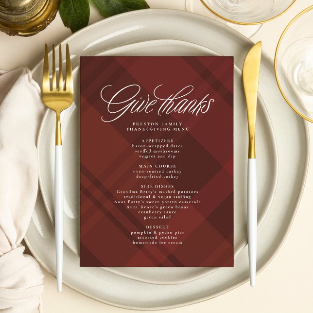 Give thanks Thanksgiving dinner fall plaid Menu (Creator Uploaded)
