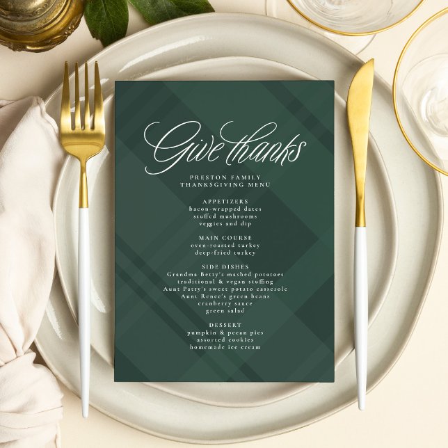 Give thanks Thanksgiving dinner green plaid Menu (Creator Uploaded)
