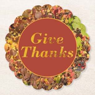 Give Thanks Thanksgiving Floral Leaves Paper Coaster