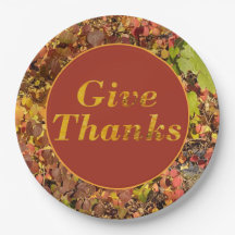 Give Thanks Thanksgiving Floral Leaves Paper Plate