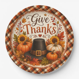 Give Thanks Thanksgiving Harvest Fall Autumn Plaid Paper Plate