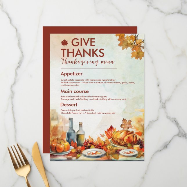 give thanks thanksgiving menu leaves fall autumn (Front/Back In Situ)