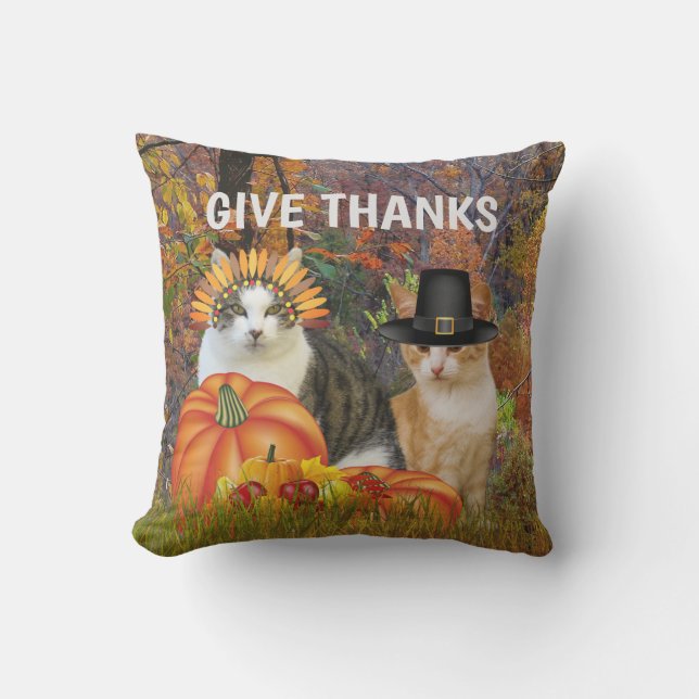 Give Thanks Thanksgiving Pilgrim Cats Cushion (Front)