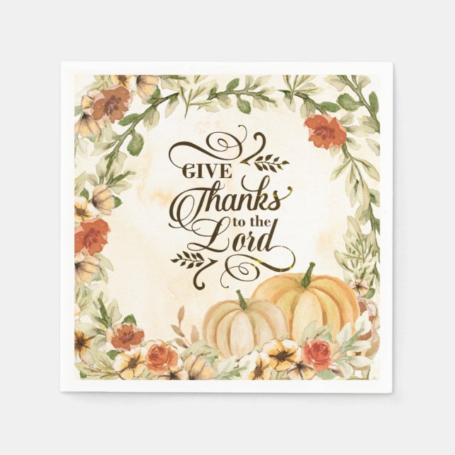 Give Thanks to the Lord Autumn Flowers Pumpkins  Napkin (Front)