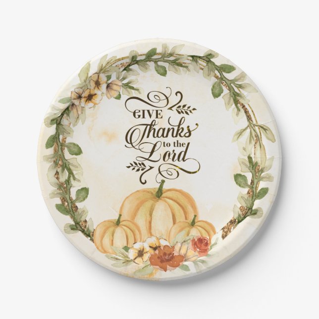 Give Thanks to the Lord Autumn Flowers Pumpkins  Paper Plate (Front)