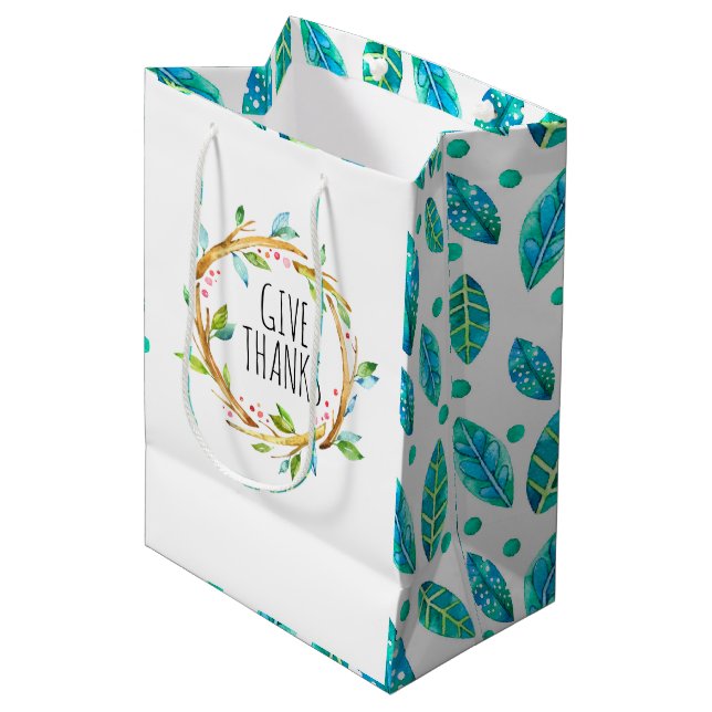 Give thanks typography rustic wreath medium gift bag (Front Angled)