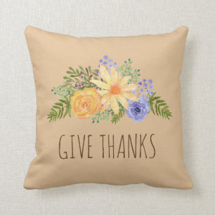 Give Thanks Watercolor Fall Floral Thanksgiving Cushion