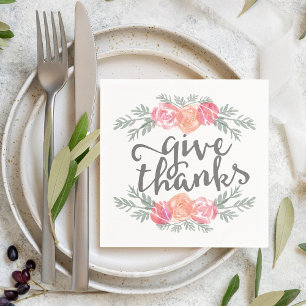 Give Thanks   Watercolor Floral Thanksgiving Napkin