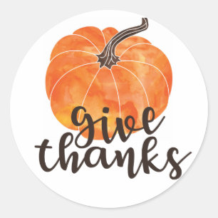 Give Thanks Watercolor Pumpkin Classic Round Sticker