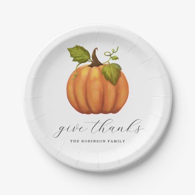 Give Thanks Watercolor Pumpkin Floral Thanksgiving Paper Plate (Front)