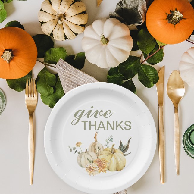 Give Thanks Watercolor Pumpkin Thanksgiving Paper Plate (Creator Uploaded)