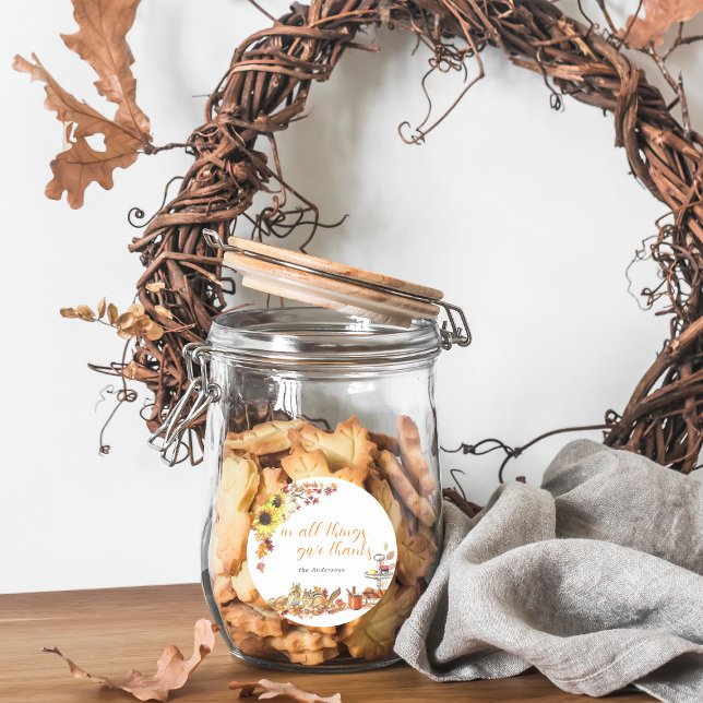 Give Thanks | Watercolor Thanksgiving Monogram Classic Round Sticker (Creator Uploaded)