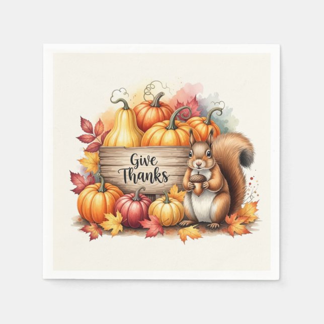 Give Thanks – Whimsical Squirrel & Pumpkin Harvest Napkin (Front)