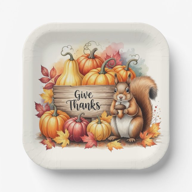 Give Thanks – Whimsical Squirrel & Pumpkin Harvest Paper Plate (Front)