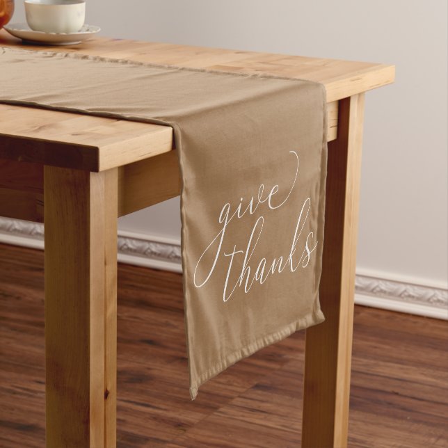 Give Thanks White Script on Brown Thanksgiving Medium Table Runner (In Situ)