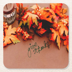Give Thanks with Fall leaves Thanksgiving Square Paper Coaster