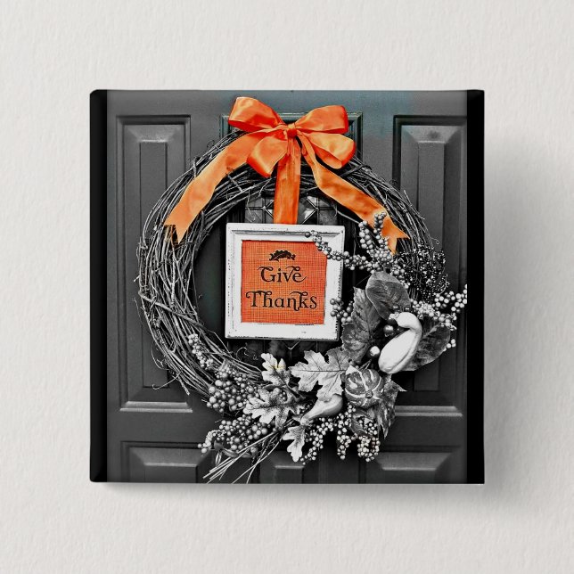 Give Thanks Wreath 15 Cm Square Badge (Front)