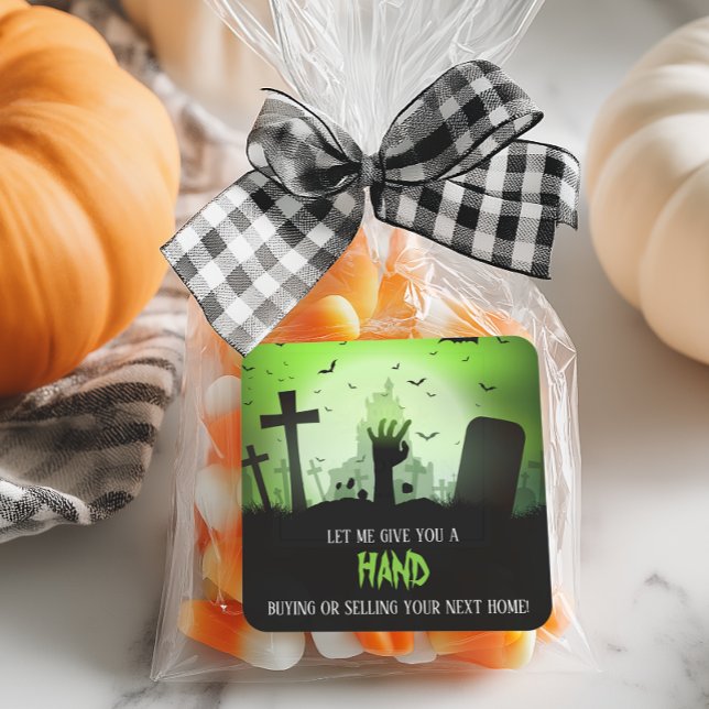 Give You a Hand Halloween Pop By Square Sticker (A funny sticker for Halloween pop bys for business and real estate)