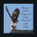 Give Your Heart Wings Inspirational Hawk Photo Magnet<br><div class="desc">This magnet features a photograph of a majestic red tailed hawk perched on the apex of a roof,  with its wings raised high above its head. The inspirational quote reads: Give your Heart Wings,  and Every Dream will Take Flight.</div>