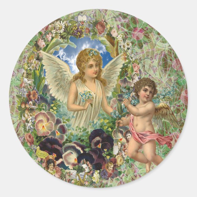 Giving - Cupid brings an Angel Flowers Classic Round Sticker (Front)