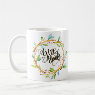 Giving Thanks Typography With Wood Leafs Wreath Coffee Mug