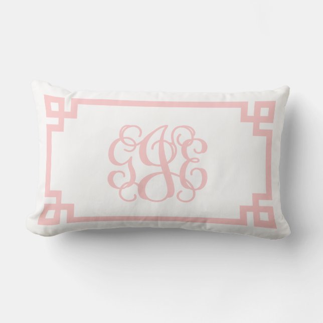 GJE Light Pink Greek Key Script Monogram Lumbar Cushion (Front)