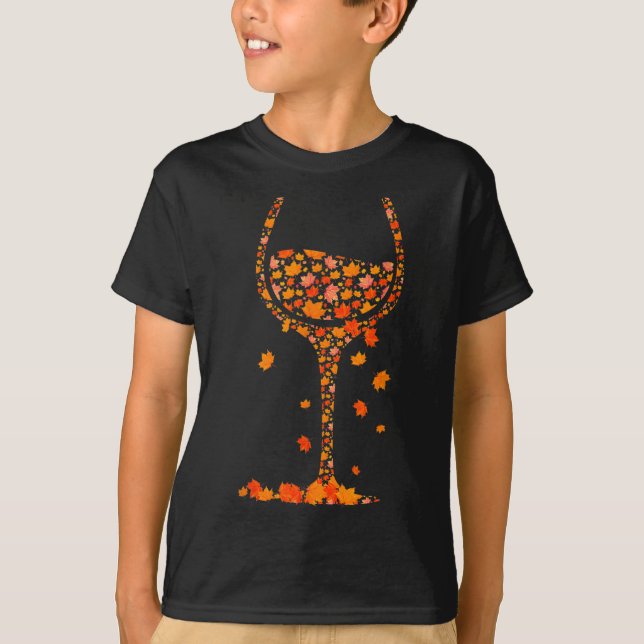 Gl Of Wine Maple Leaf Autumn Fall Funny Drink Wine T-Shirt (Front)