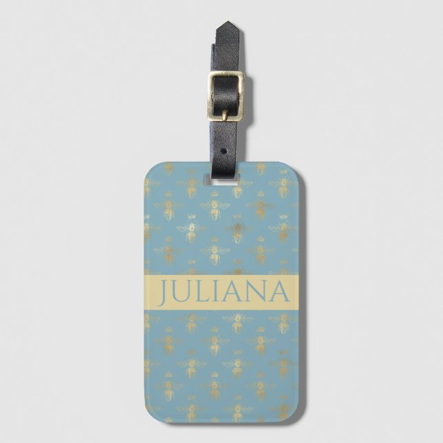 Glacier Blue and Gold Queen Bee Luggage Tag (Front Vertical)