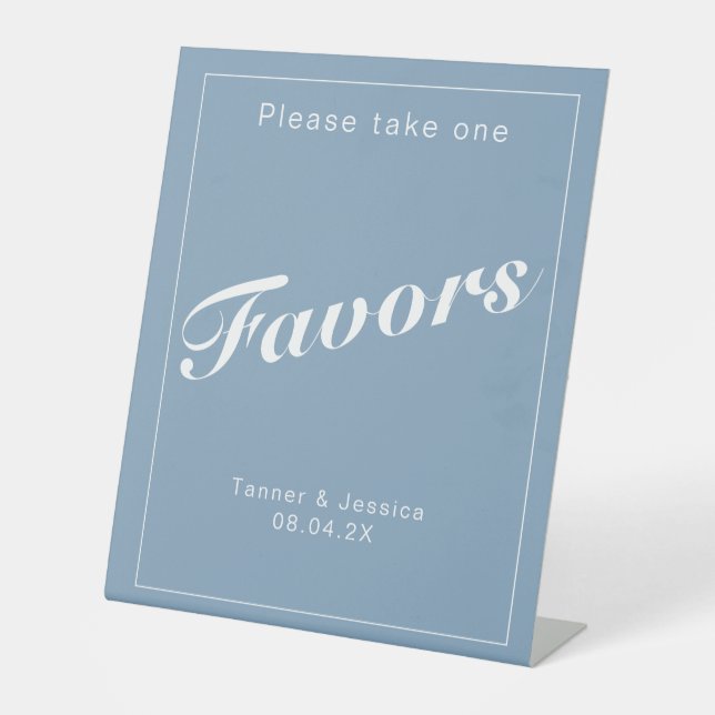 Glacier Blue   White Minimalist Wedding Favour Pedestal Sign (Front)
