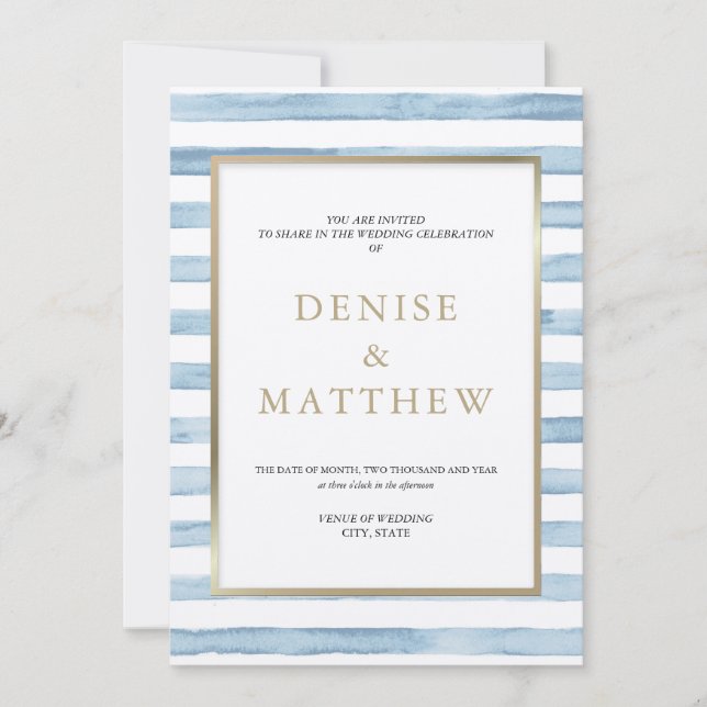 Glacier Lake Watercolor Stripe & Gold Lettering  Invitation (Front)